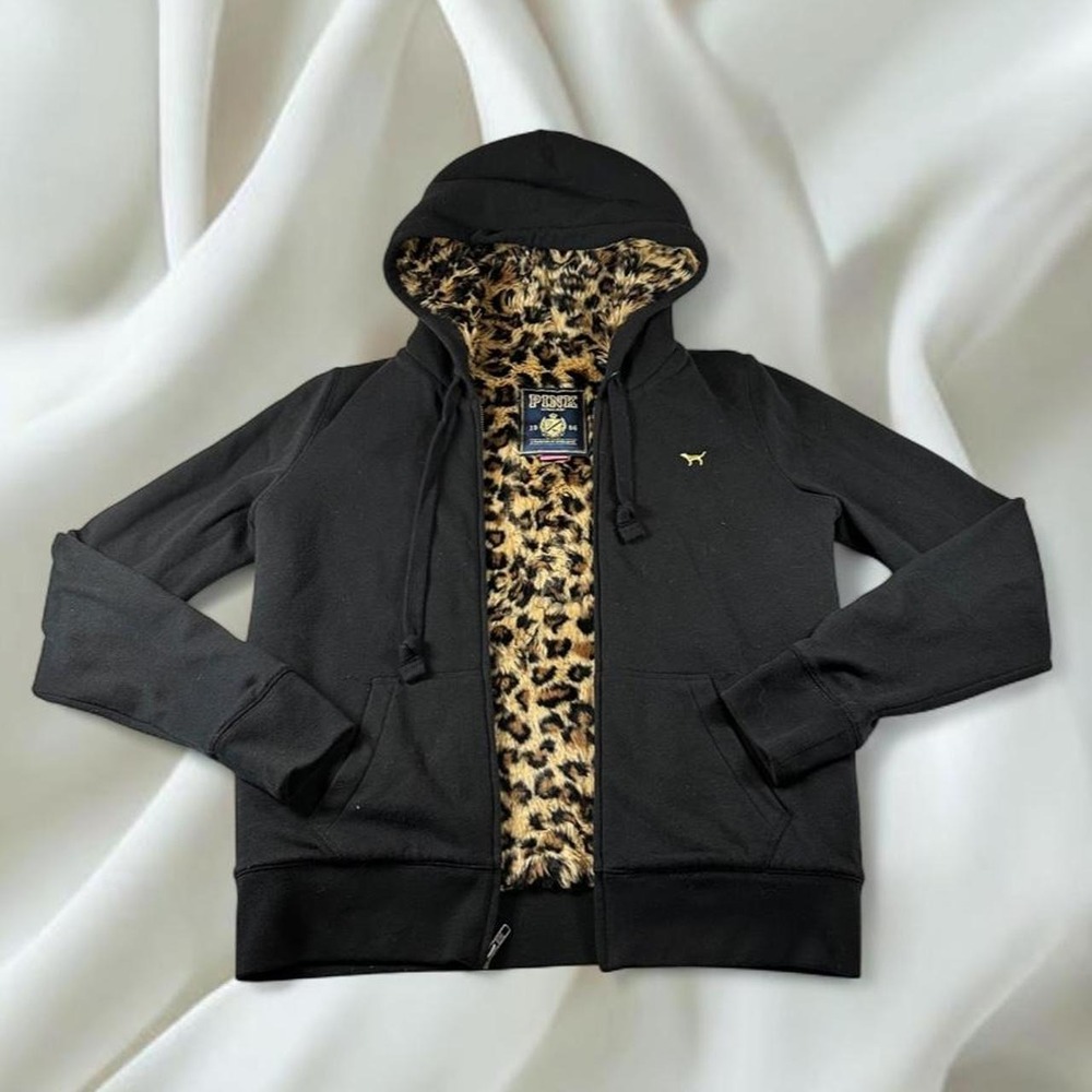 Rare Victoria's Secret PINK 2011 black cheetah print fur lined full zip jacket
